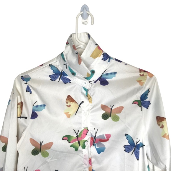 Butterfly Print Button Down Shirt | White Long Sleeve Blouse - Picture 3 of 10